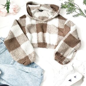 Checkered crop teddy fleece hoodie